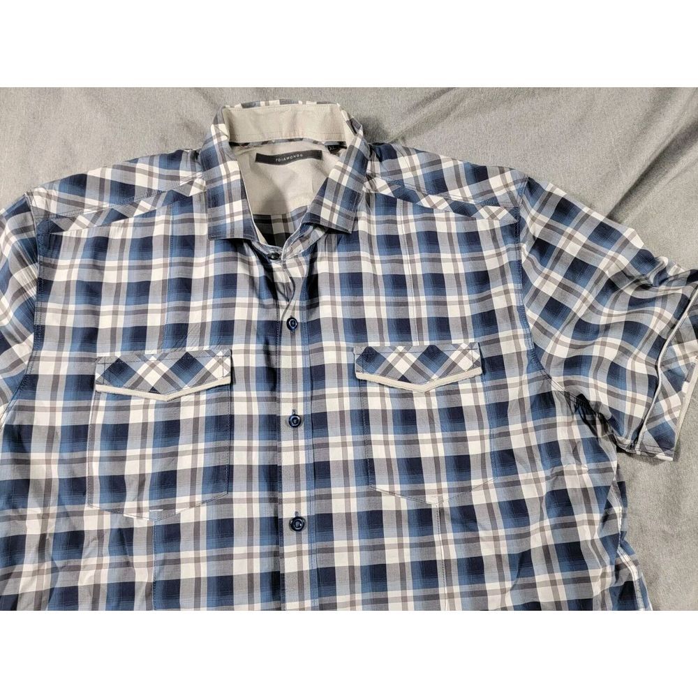 7 Diamonds Button up Performance Shirt front pockets Blue Plaid Cotton Mens XL